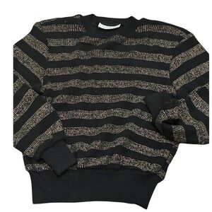 Vintage Gregge Petite Black Gold Metallic Striped Knit Sweater Crew Neck Retro